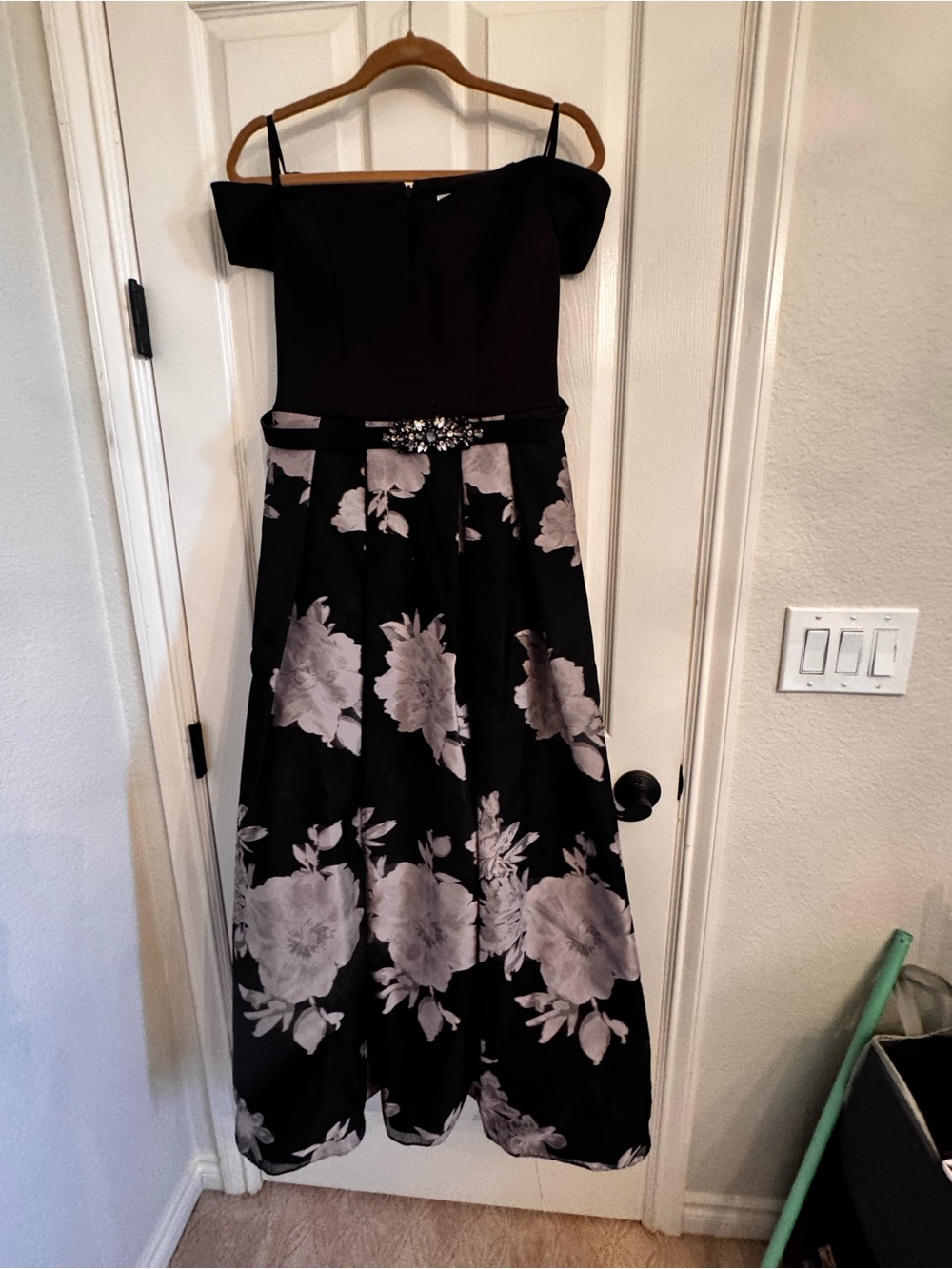 Eliza J Black One-Shoulder Evening Gown with Silver Floral Print